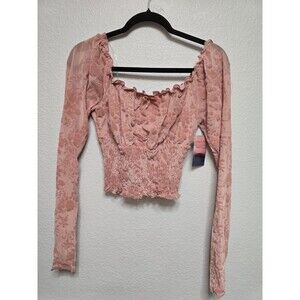 Whimsigoth Pink Smocked Bodice Velvet Burnout Crop Top Fairy Grunge Long Sleeve